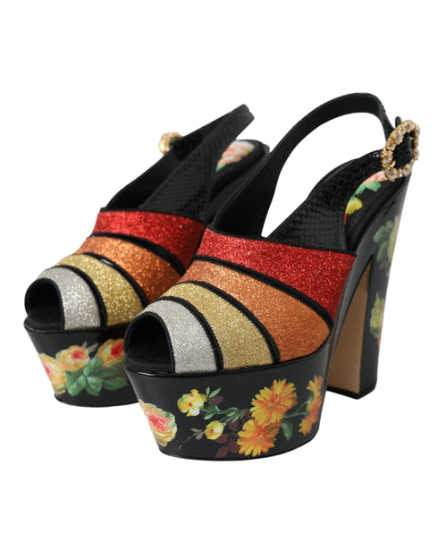 Dolce & Gabbana Multicolor Floral Crystal Platform Heels Sandals Shoes